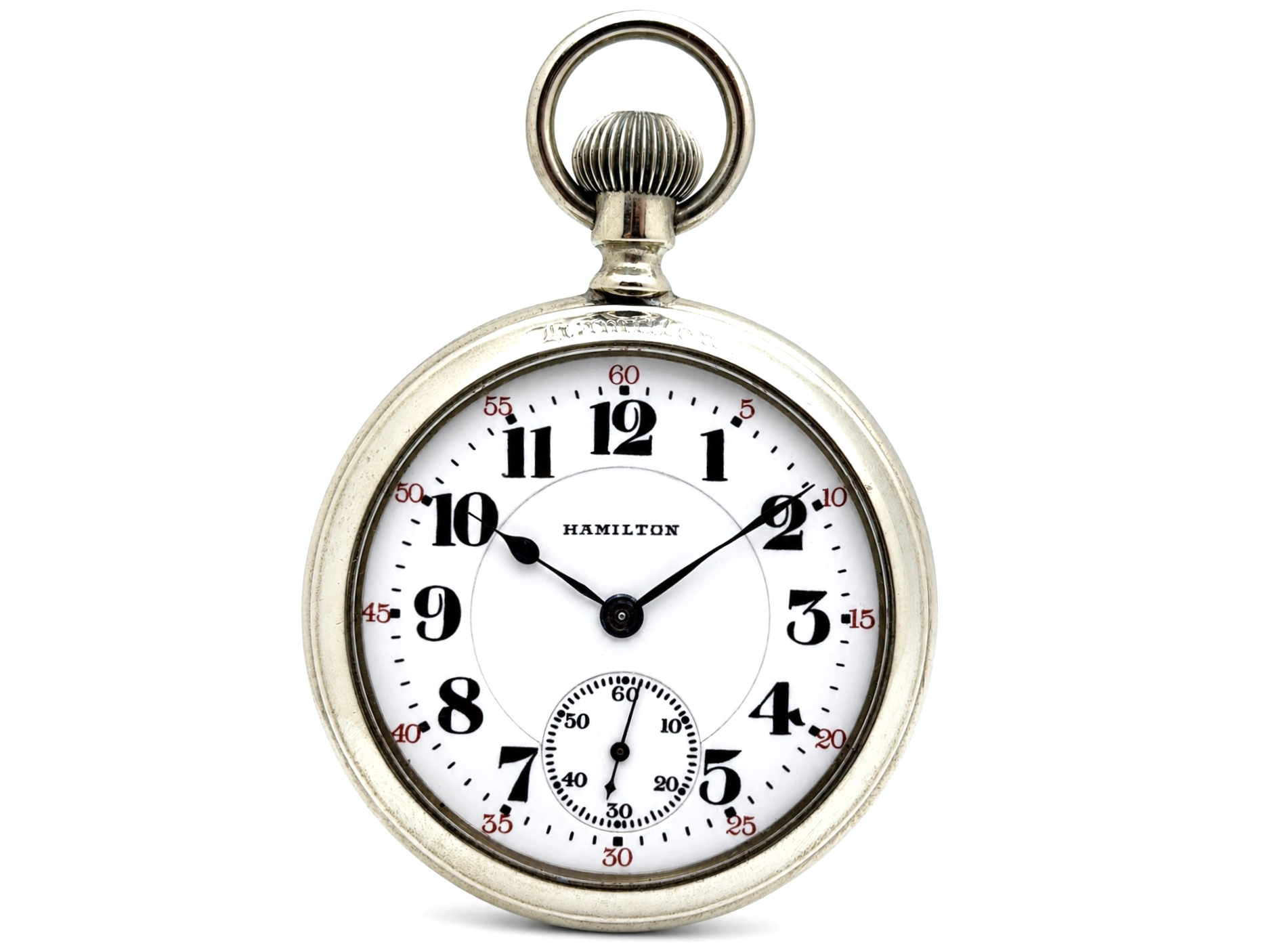 Hamilton 950 Salesman Display Case (1922) — front-facing dial with white enamel, Arabic numerals, subsidiary seconds dial at 6 o'clock,…
