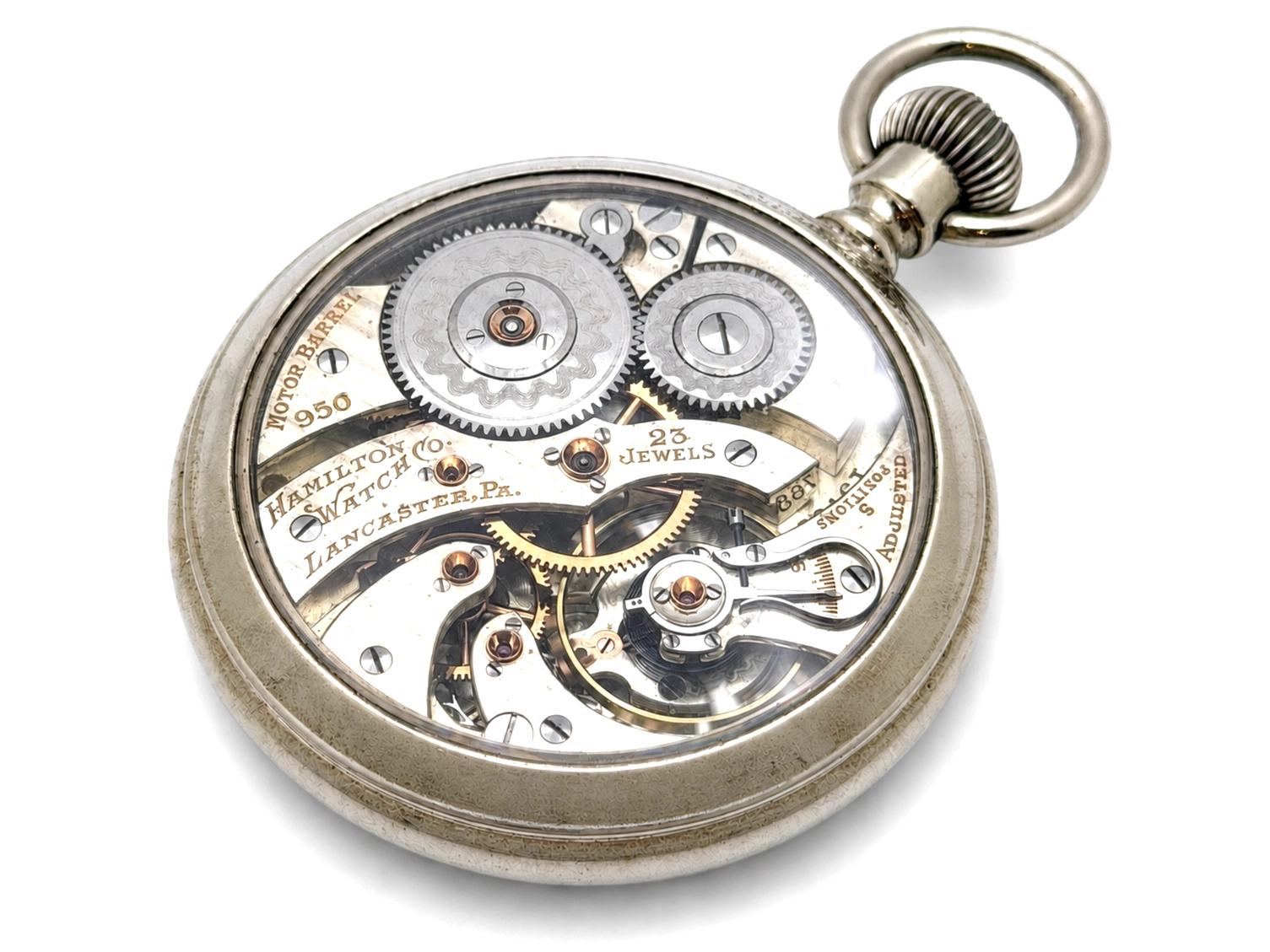 Hamilton 950 Salesman Display Case (1922) — open movement with visible gears, jewels, and decorated metal plates with engraved text