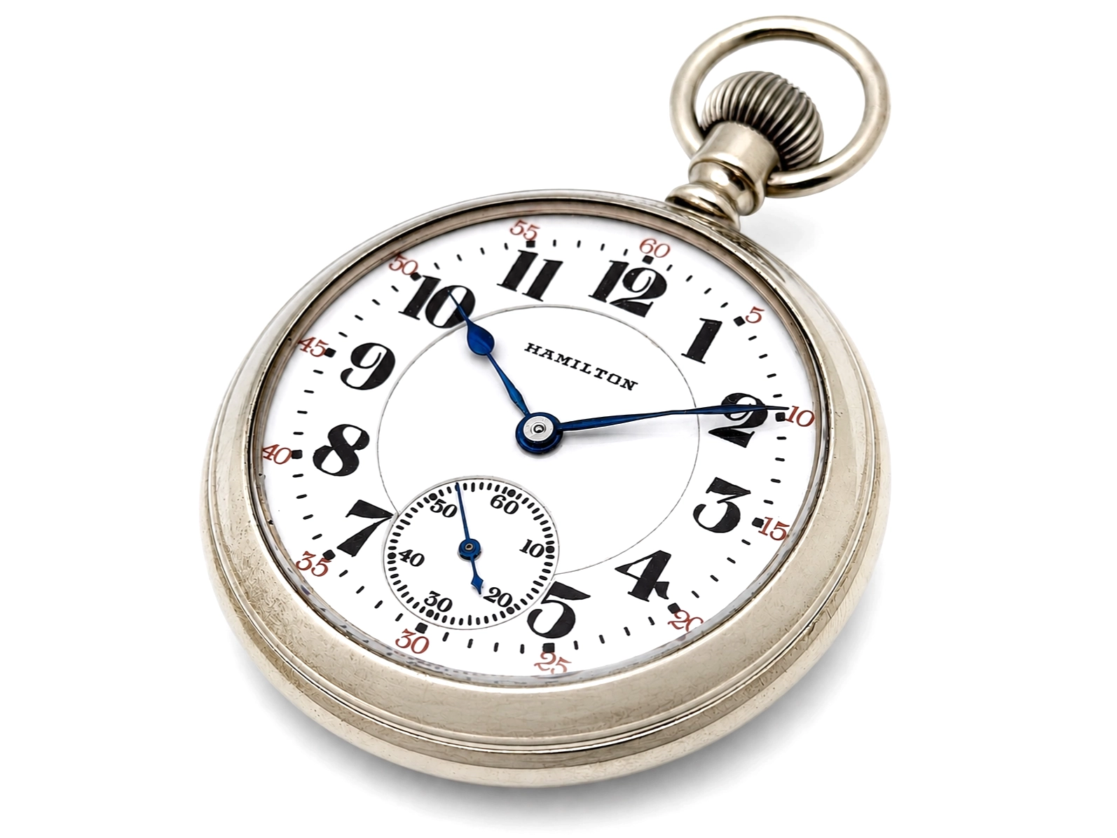 Hamilton 950 Salesman Display Case (1922) — white dial with Arabic numerals, blue hands, subsidiary seconds dial at 6 o'clock, silver case