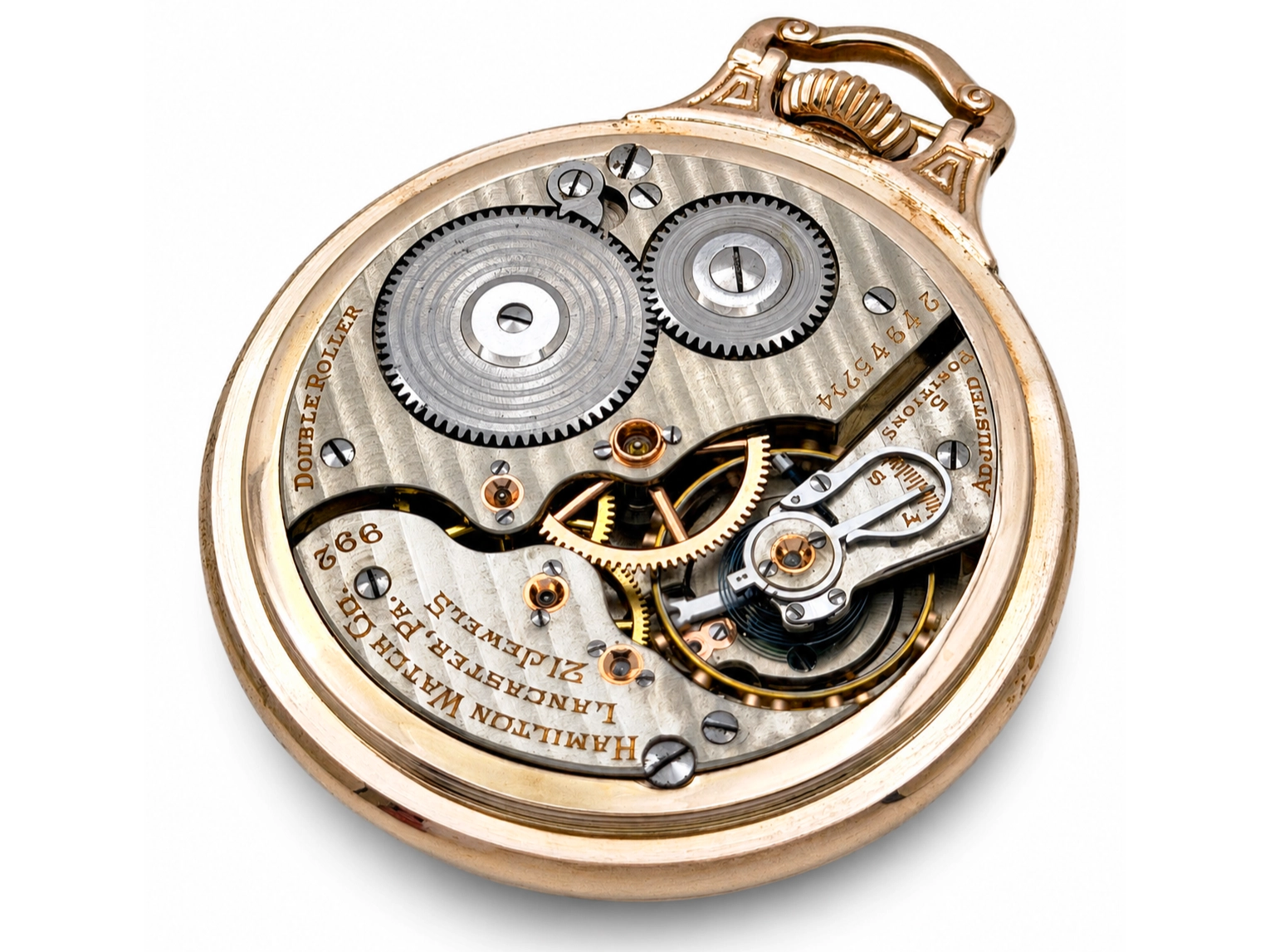 Hamilton Grade 992 (1927) — open movement displaying gear train with decorated wheels, jeweled bearings, and escapement mechanism