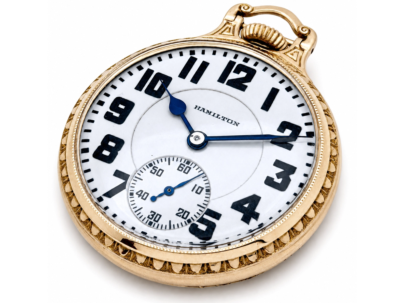 Hamilton Grade 992 (1927) — gold case with white dial, bold black Arabic numerals, blue hands, subsidiary seconds dial at 6 o'clock