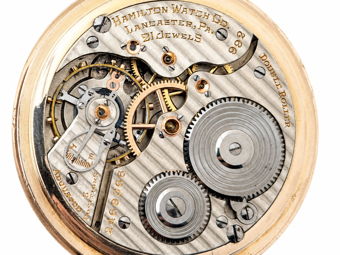 Hamilton Grade 992 (1927) — open movement revealing decorated wheels, brass gears, jeweled settings, and screwed balance cock with serial…