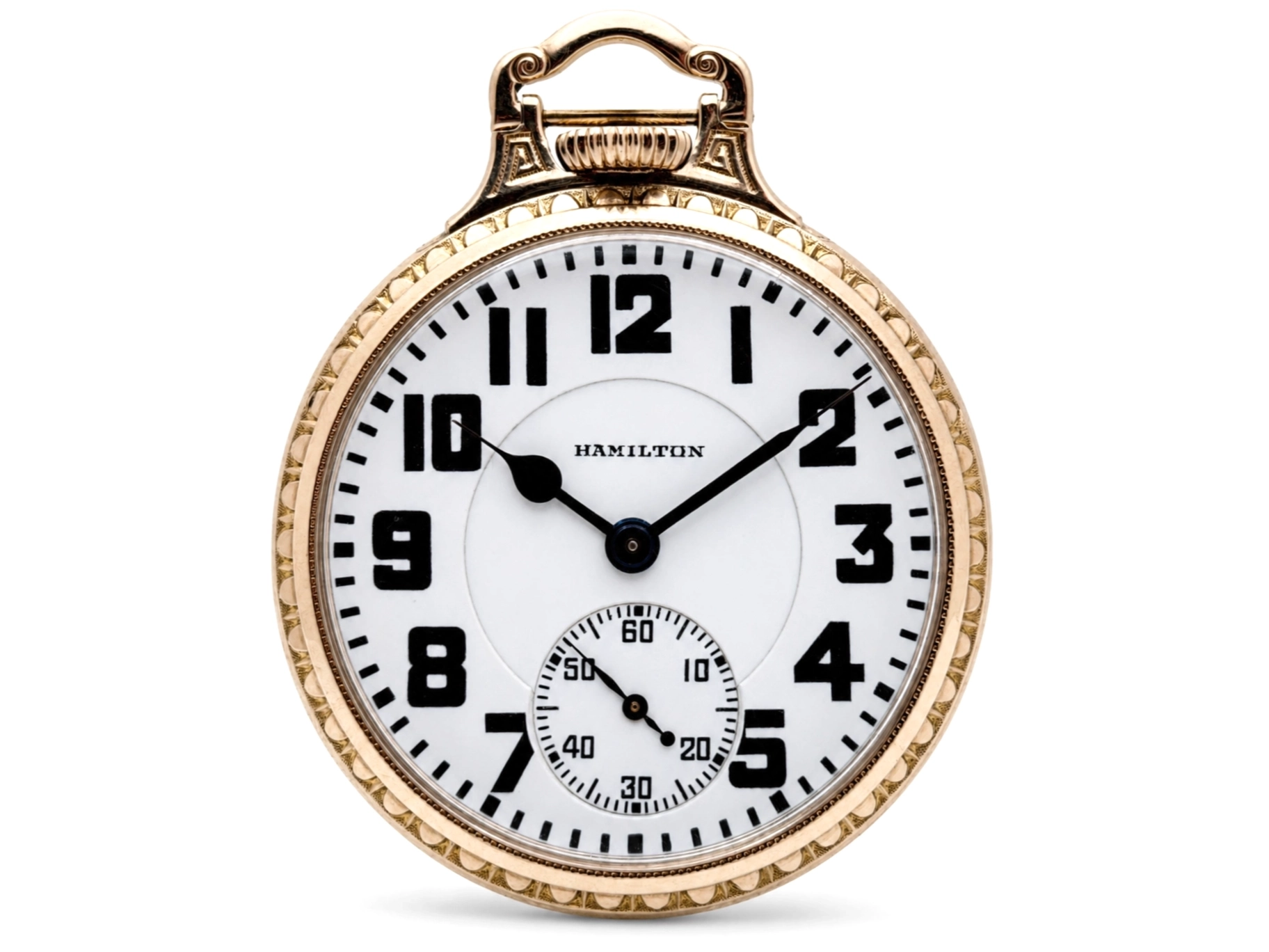 Hamilton Grade 992 (1927) — front-facing dial with large black Arabic numerals, subsidiary seconds dial, center top logo, ornate…
