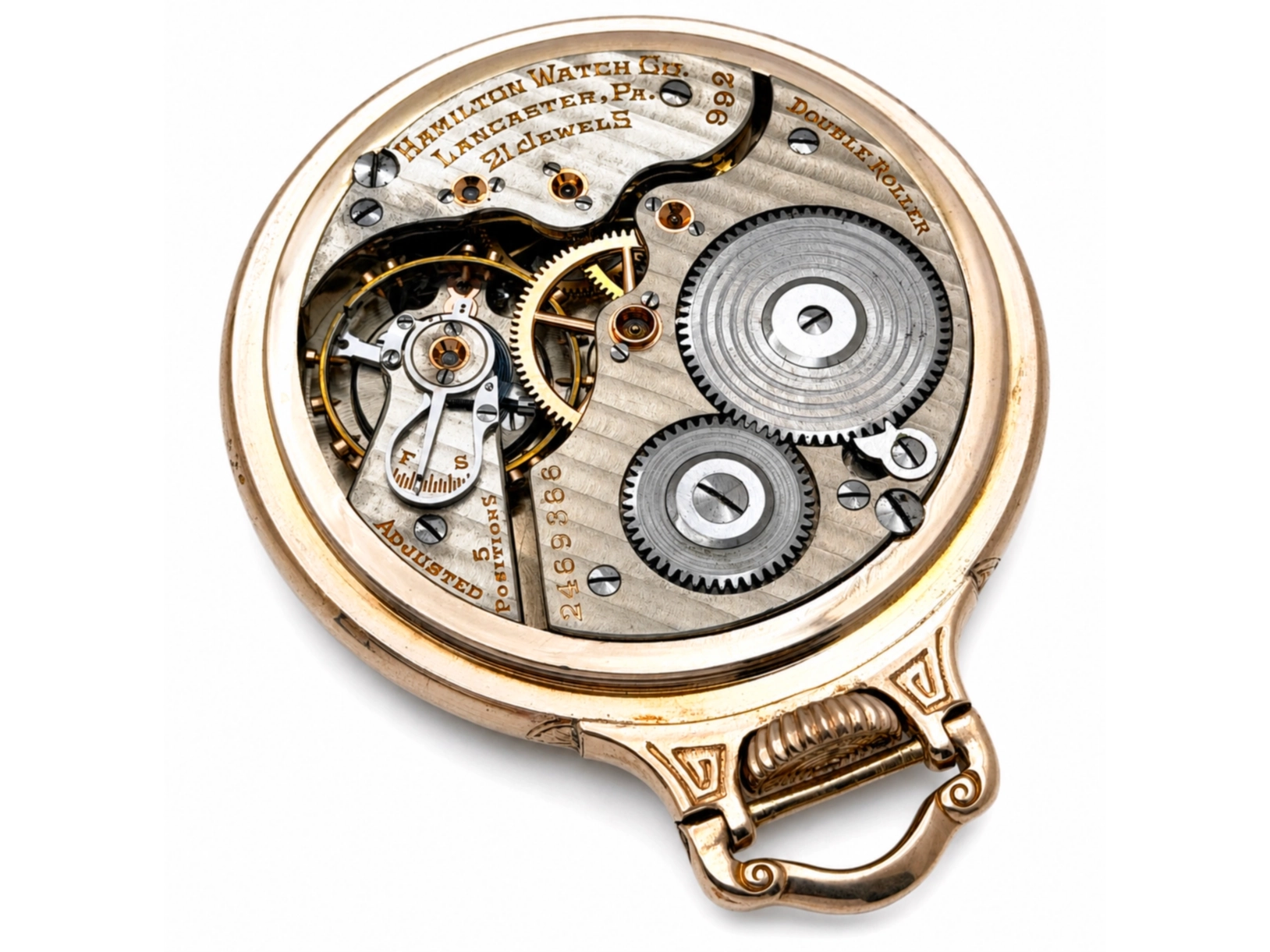 Hamilton 992 in Art Deco Bar-Over-Crown Case (1927) — open movement showing decorated balance wheel, jeweled bearings, and large steel…
