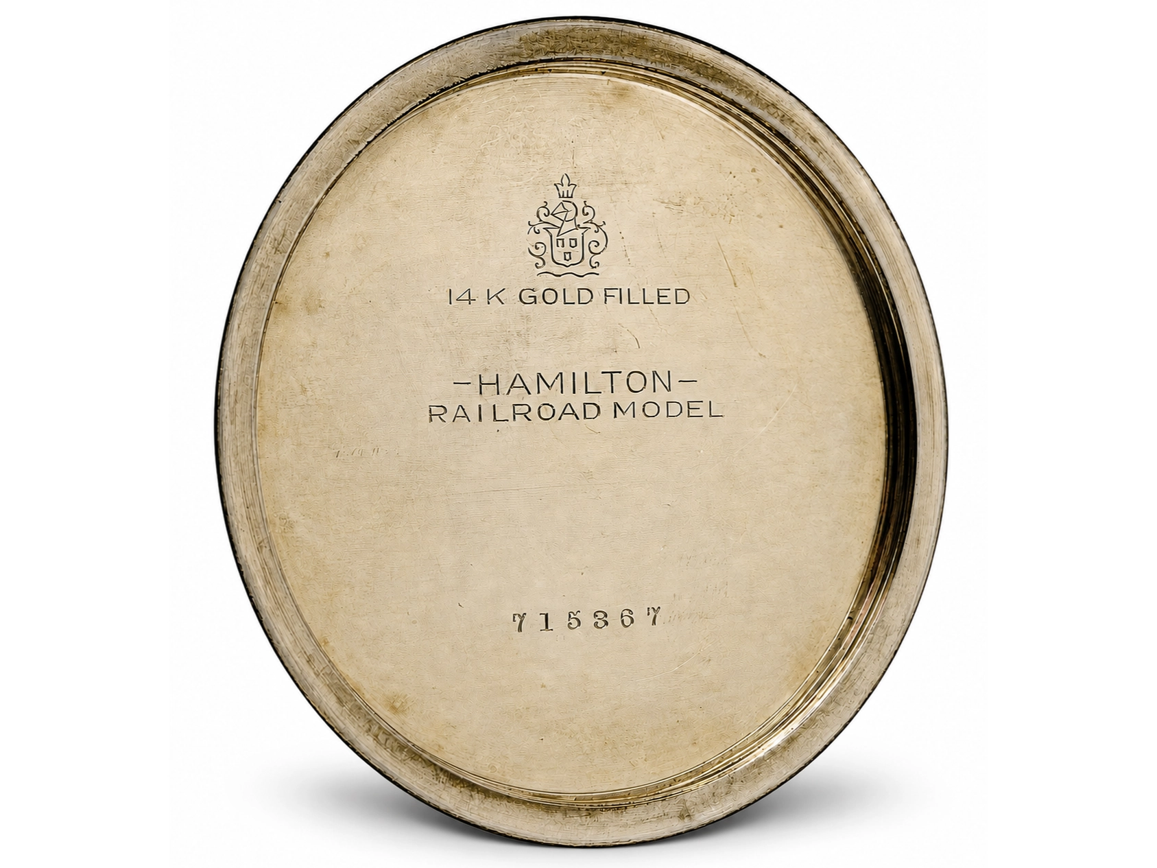 Hamilton 992 (1929) — case back with maker's hallmark, "14 K GOLD FILLED" marking, and serial number engraved