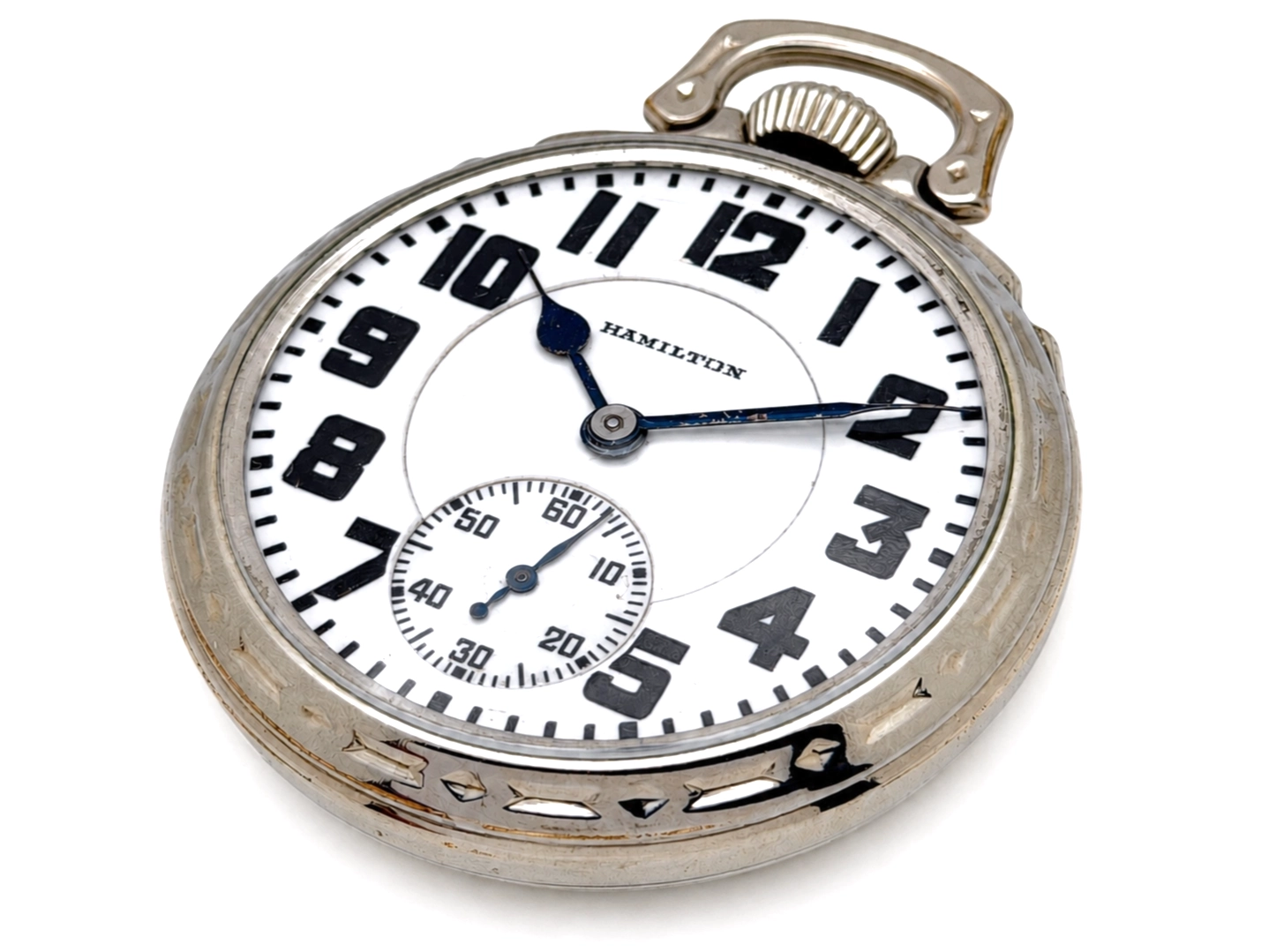Hamilton 992 (1929) — white dial with bold Arabic numerals, subsidiary seconds dial at 6 o'clock, blued steel hands, silvered case with…