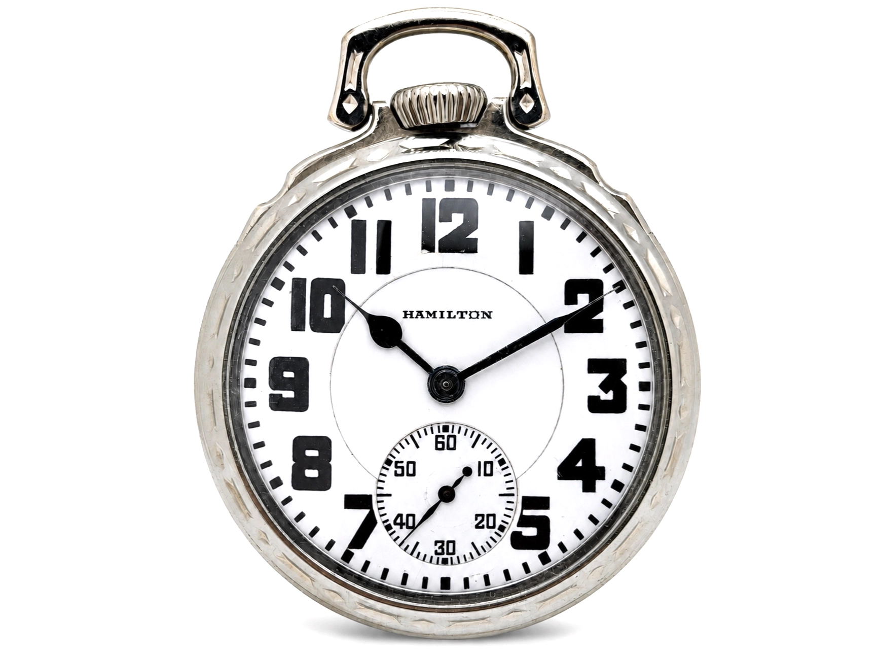 Hamilton 992 (1929) — white dial with bold Arabic numerals, subsidiary seconds dial, metal case with bail handle