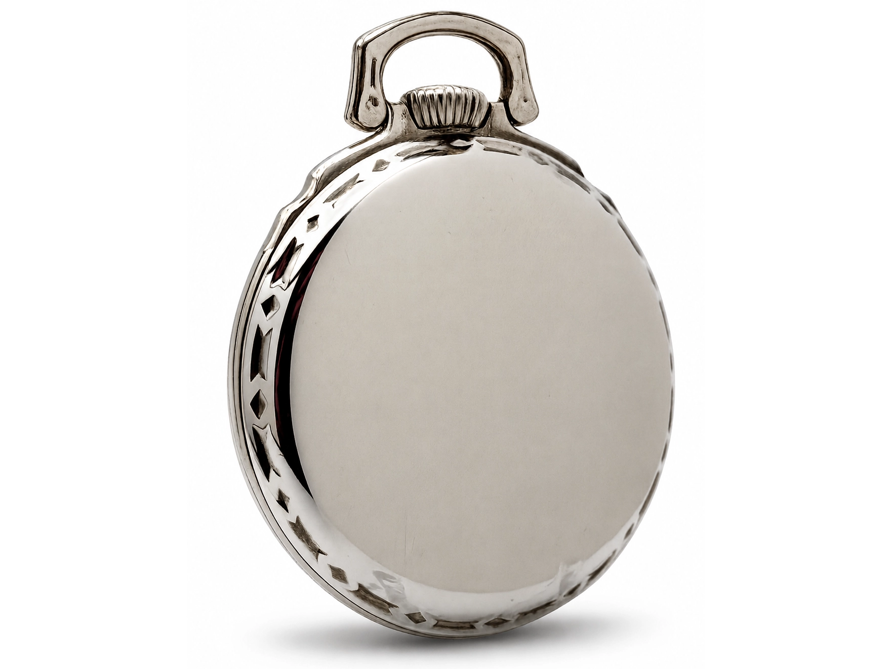 Hamilton 992 (1929) — polished metal case back with decorative beading around edge and loop bail at crown