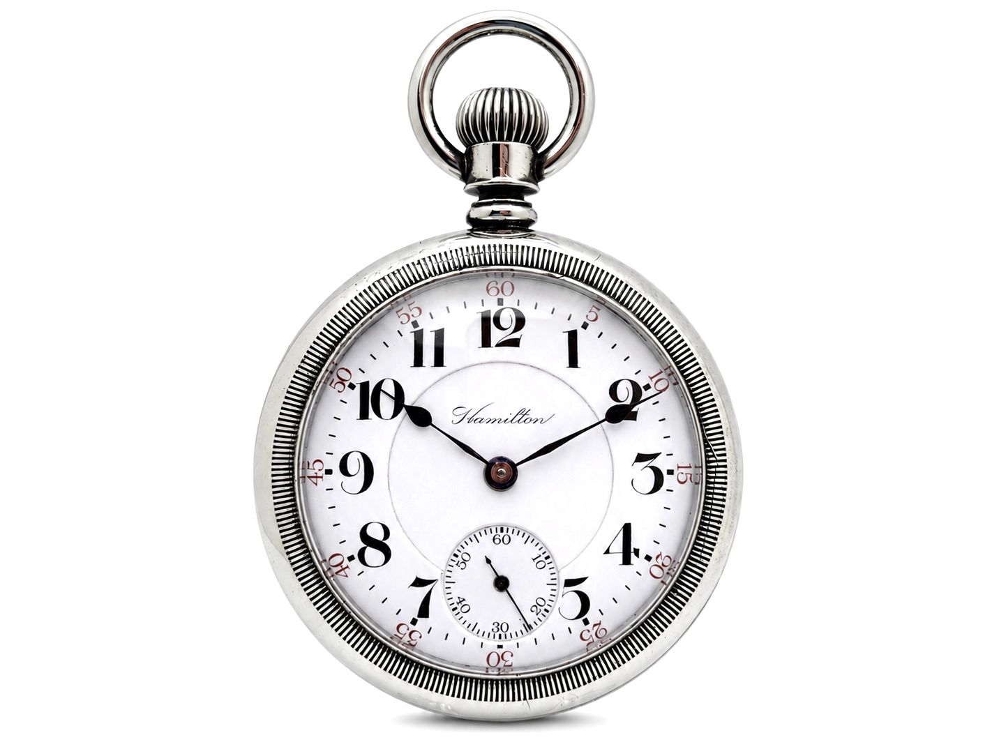 White dial with Arabic numerals, subsidiary seconds dial, and ornate stem with reeded details.