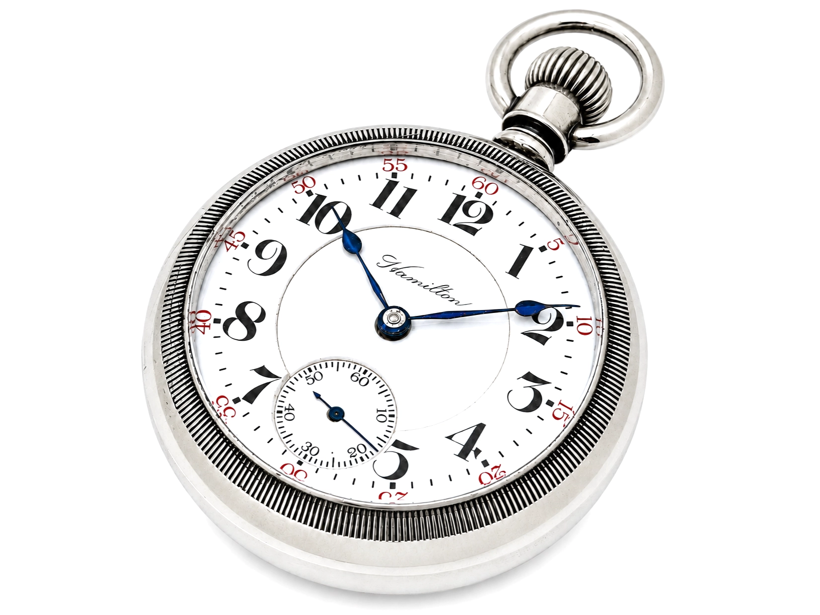 Open face pocket watch with white dial, Arabic numerals, blue hands, and small seconds subdial.