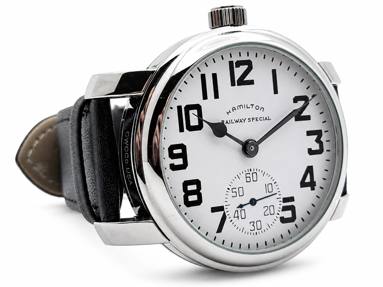 Hamilton Railway Special pocket watch with white dial, black Arabic numerals, subsidiary seconds dial, and black leather strap attachment.