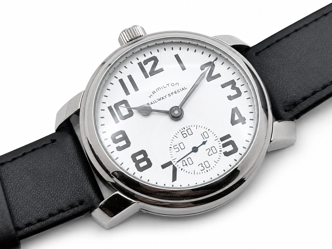 Wristwatch with white dial, Arabic numerals, subsidiary seconds dial, and black leather strap.