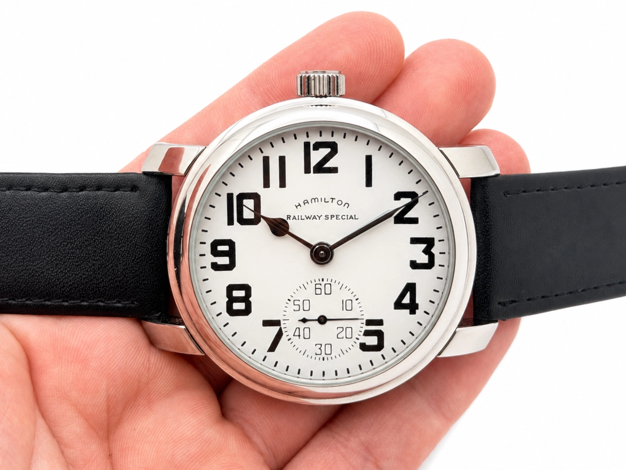 Hamilton Railway Special watch with Arabic numerals, subsidiary seconds dial, and black leather strap.