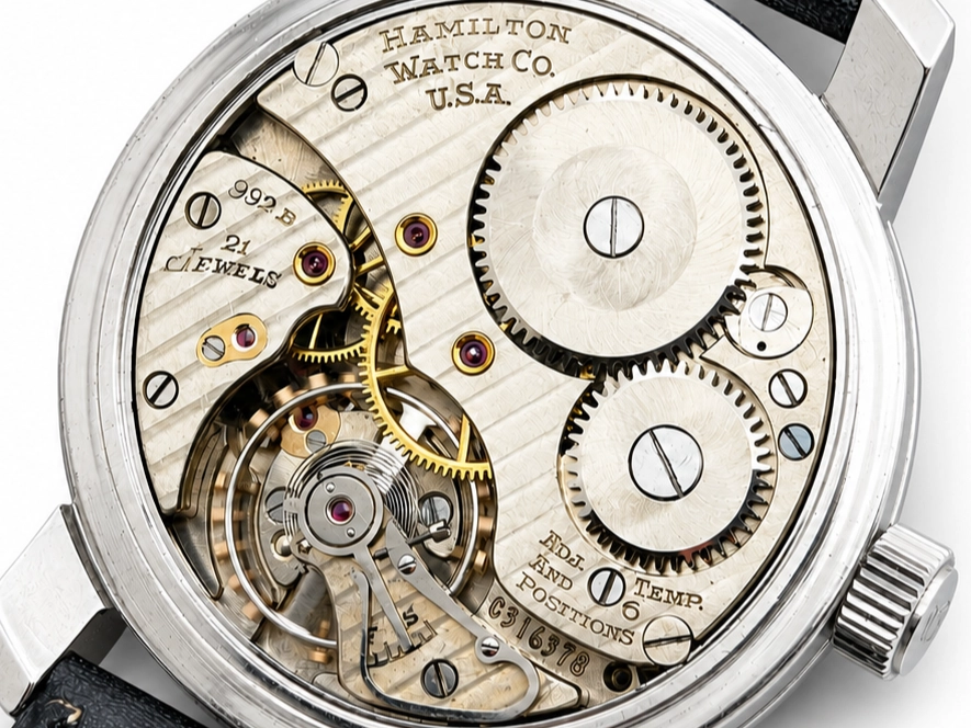 Hamilton Watch Co open movement showing balance wheel, gears, and 17 jewels.