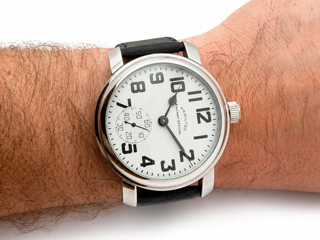 Wristwatch with white dial, bold black Arabic numerals, subsidiary dial, on black leather strap.