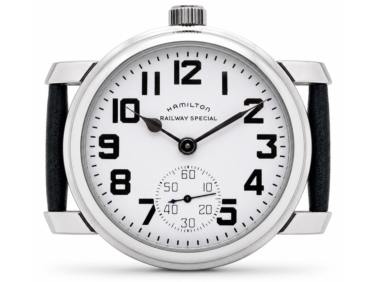 Hamilton Railway Special watch with white dial, bold Arabic numerals, and subsidiary seconds dial.