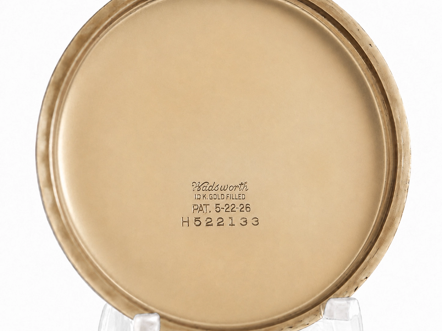 Gold-filled case back engraved with "Wadsworth 10K Gold Filled" marking and patent date.