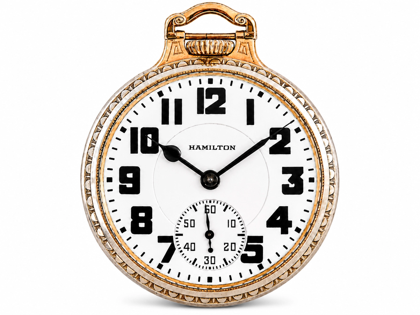 Hamilton pocket watch with white dial, bold Arabic numerals, subsidiary seconds dial, and ornate gold-filled case.