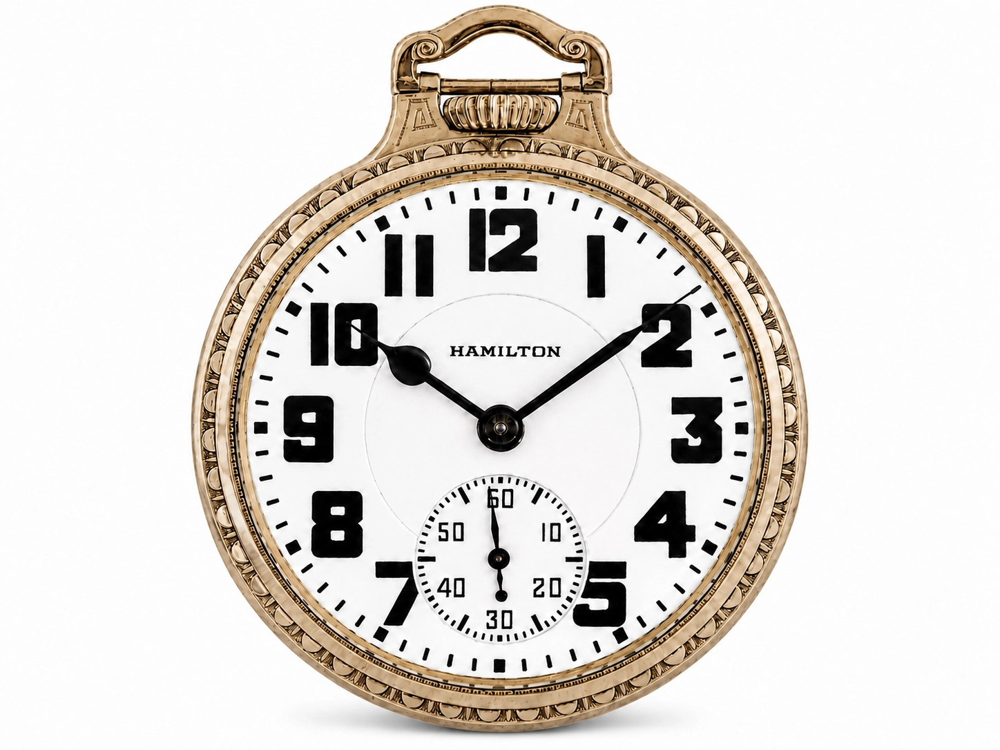 Gold-tone pocket watch with white dial, black Arabic numerals, subsidiary seconds dial, and ornate case.
