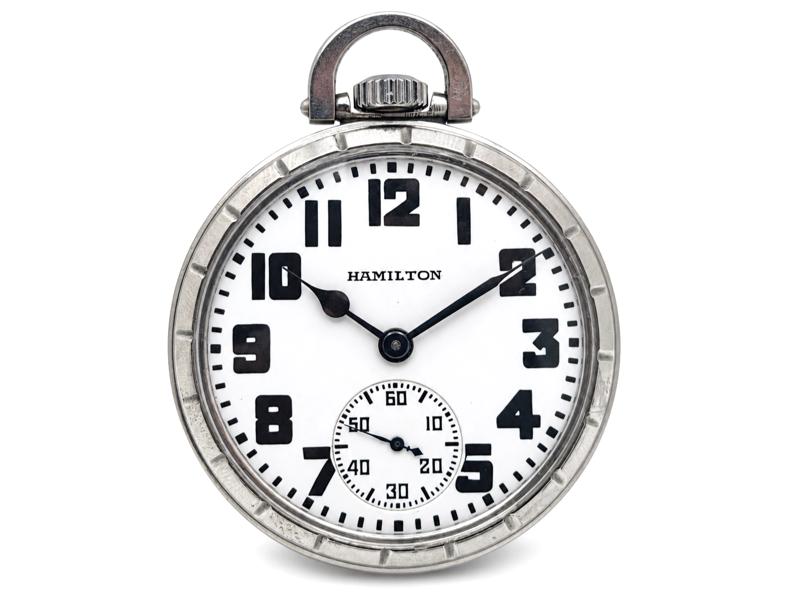 Late-Era Hamilton 992B in Stainless Steel Case (1965) — front view of white enamel dial with black Arabic numerals and subsidiary seconds…