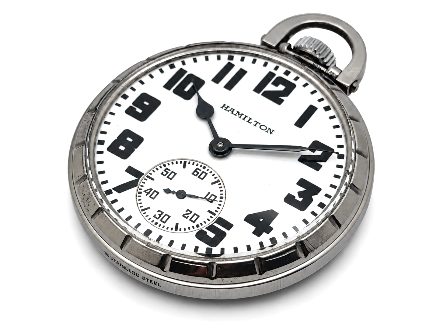 Late-Era Hamilton 992B in Stainless Steel Case (1965) — front dial view showing white enamel, black Arabic numerals, subsidiary seconds…