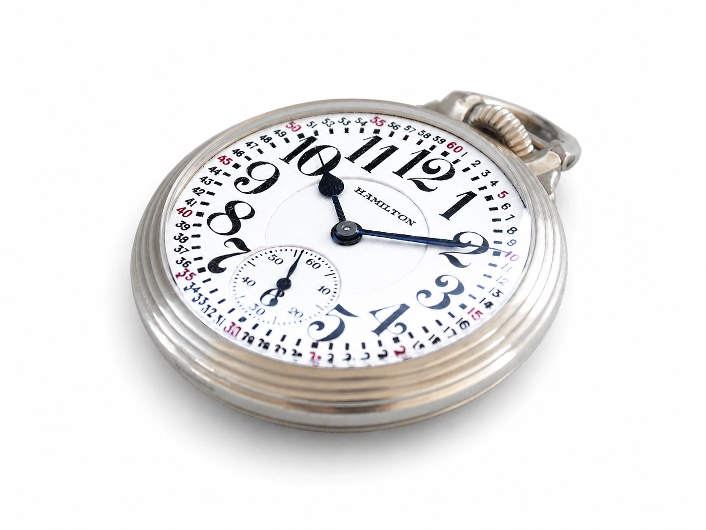 Silver case pocket watch with white dial, bold black Arabic numerals, subsidiary seconds dial, and blue hands.