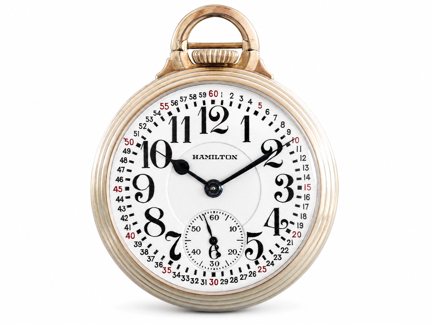 White dial pocket watch with Arabic numerals, outer minute track, subsidiary seconds dial, and black hands.