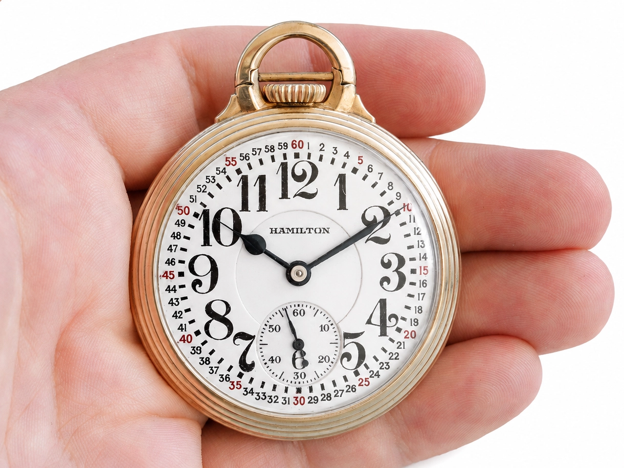 Hamilton pocket watch with white dial, Arabic numerals, subsidiary seconds subdial, and gold-filled case held in hand.