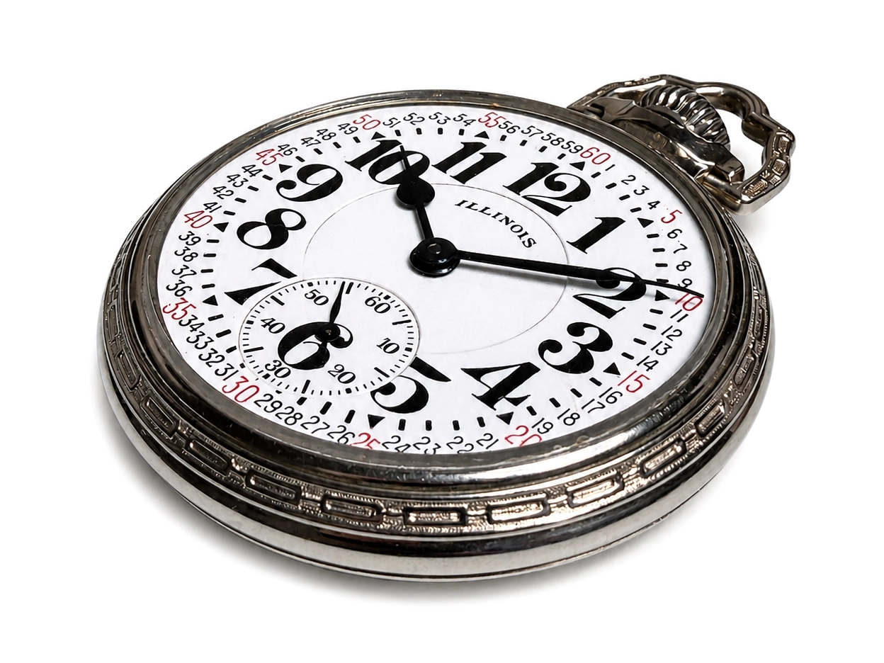 Ornate white gold pocket watch with white dial, bold Arabic numerals, and subsidiary seconds subdial at 6 o'clock.