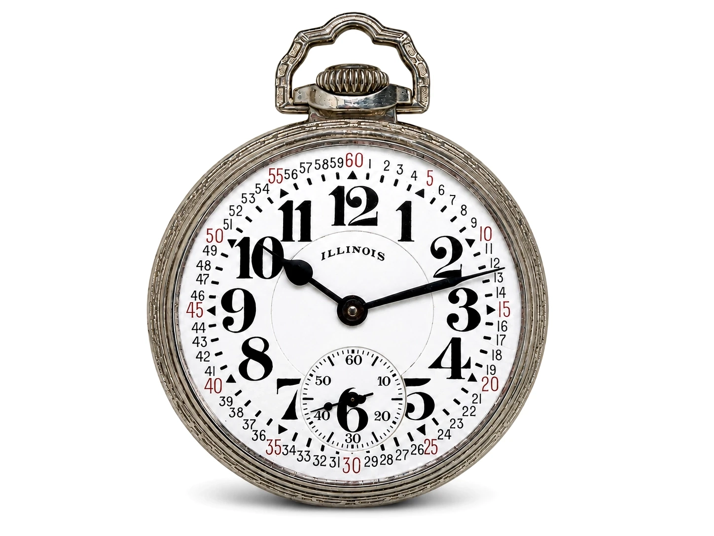 White gold pocket watch with white dial, black Arabic numerals, black hour and minute hands, and subsidiary seconds dial.
