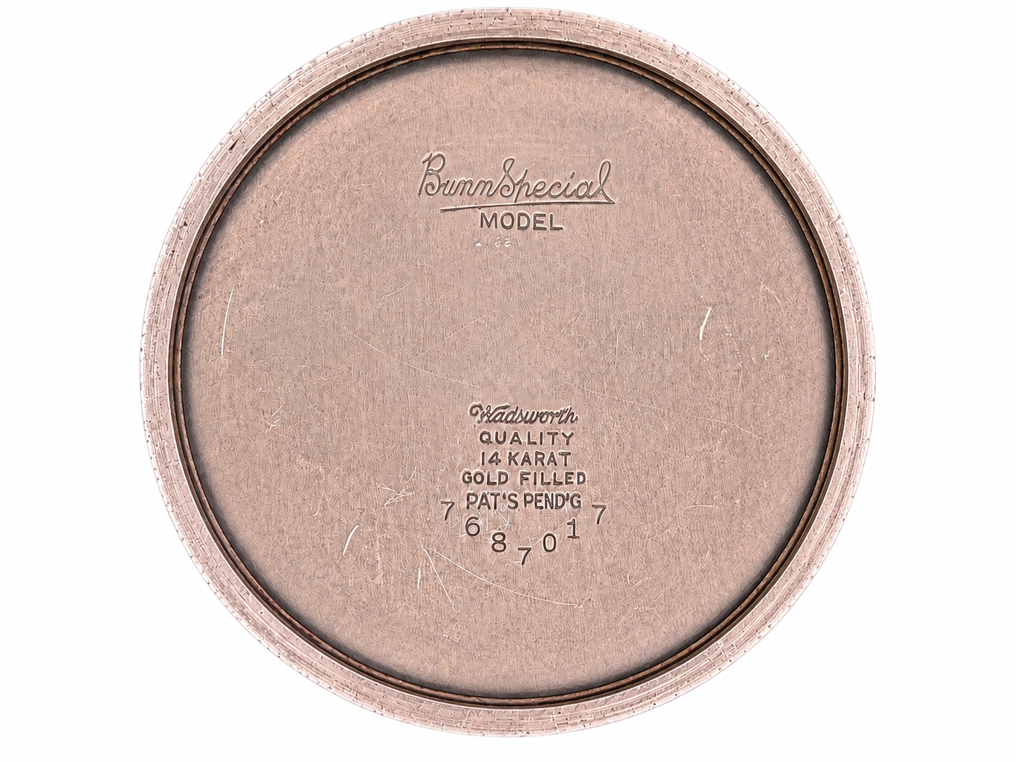 Pocket watch case back engraved with "Bunn Special Model," Wadsworth 14 karat gold-filled hallmarks, and patent pending text.