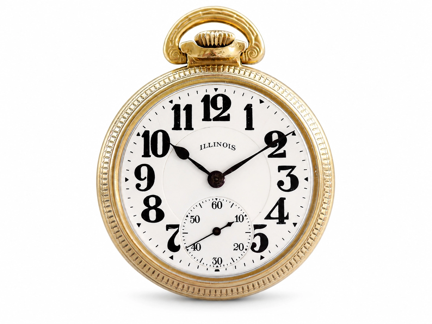 Gold pocket watch with white dial, black Arabic numerals, subsidiary seconds dial, and black hands.