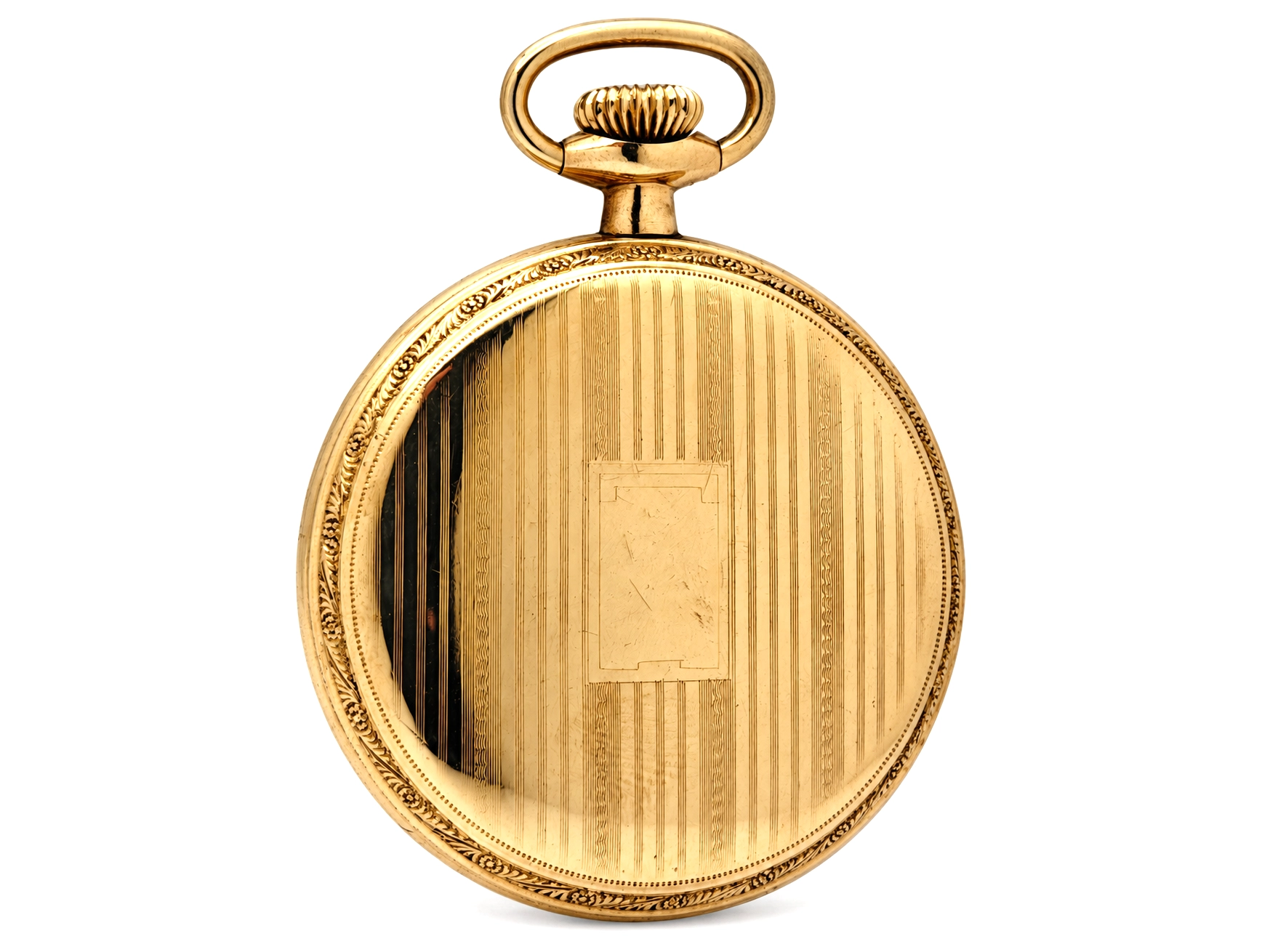 Illinois Dress 605 (1921) — closed case back with engine-turned vertical stripe pattern and decorative border, bow loop and crown visible
