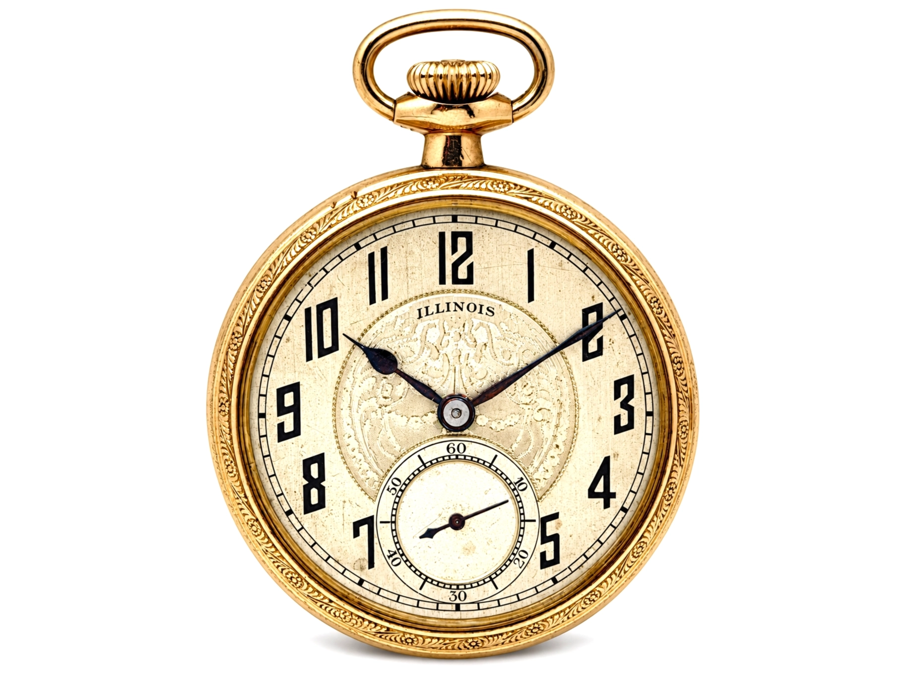 Illinois Dress 605 (1921) — open-face watch with cream dial, applied Arabic numerals, decorated center, subsidiary seconds dial at 6…