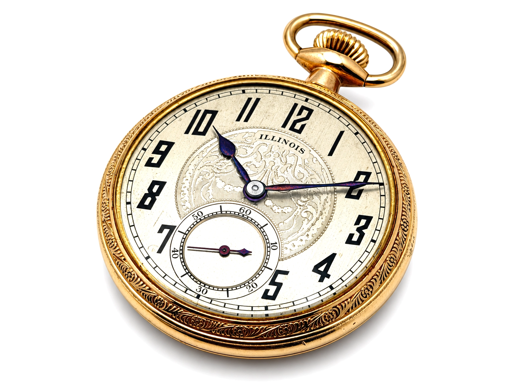 Illinois Dress 605 (1921) — cream dial with applied Arabic numerals, subsidiary seconds dial at 6 o'clock, blued steel hands, ornamental…