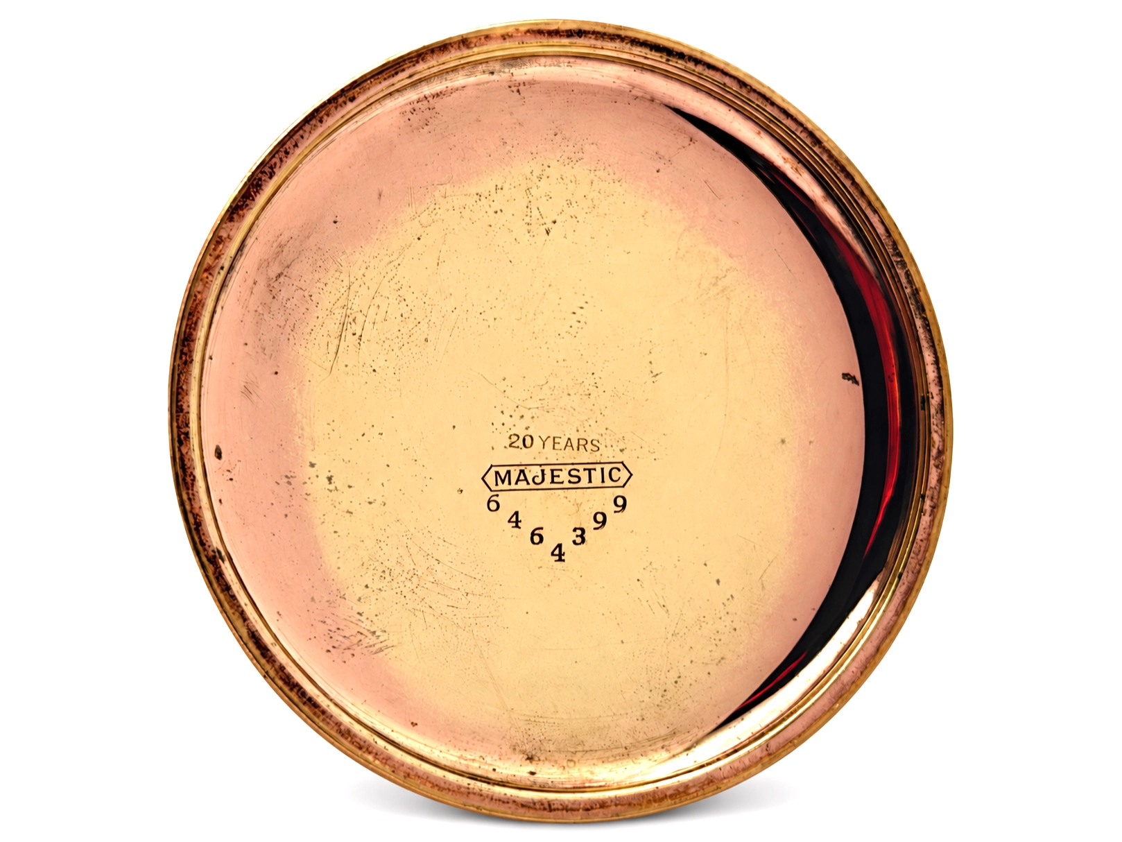 Illinois Grade 605 Art Deco Dress (1921) — open case back showing "20 YEARS" and "MAJESTIC" engraving with serial number, rose-finished…
