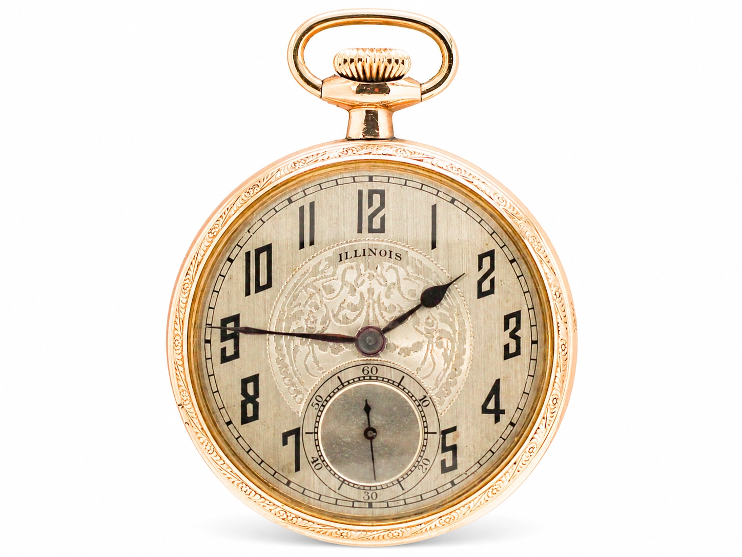Gold pocket watch with oval cream dial, Arabic numerals, decorative center, and small seconds subdial below.