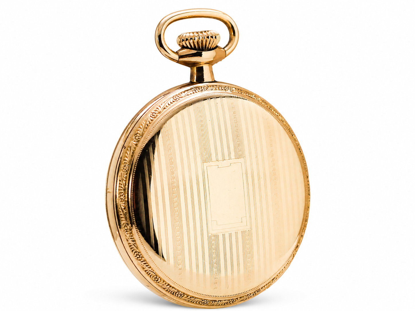 Gold-cased pocket watch with hinged cover closed, showing decorative bezel and bail.