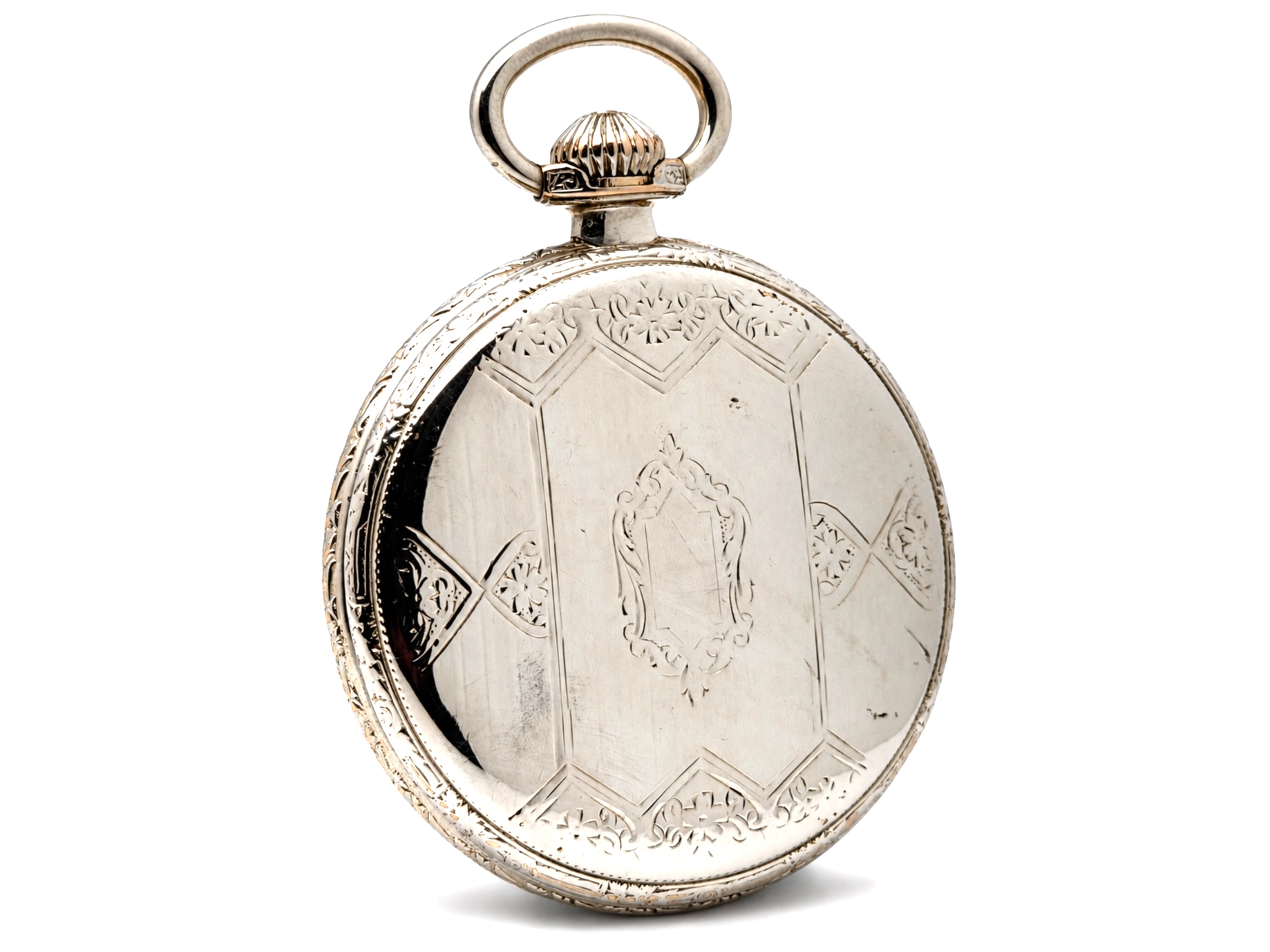 Illinois A. Lincoln White GF Wadsworth Case (1917) — ornamental case back with engraved cartouche and decorative border panels