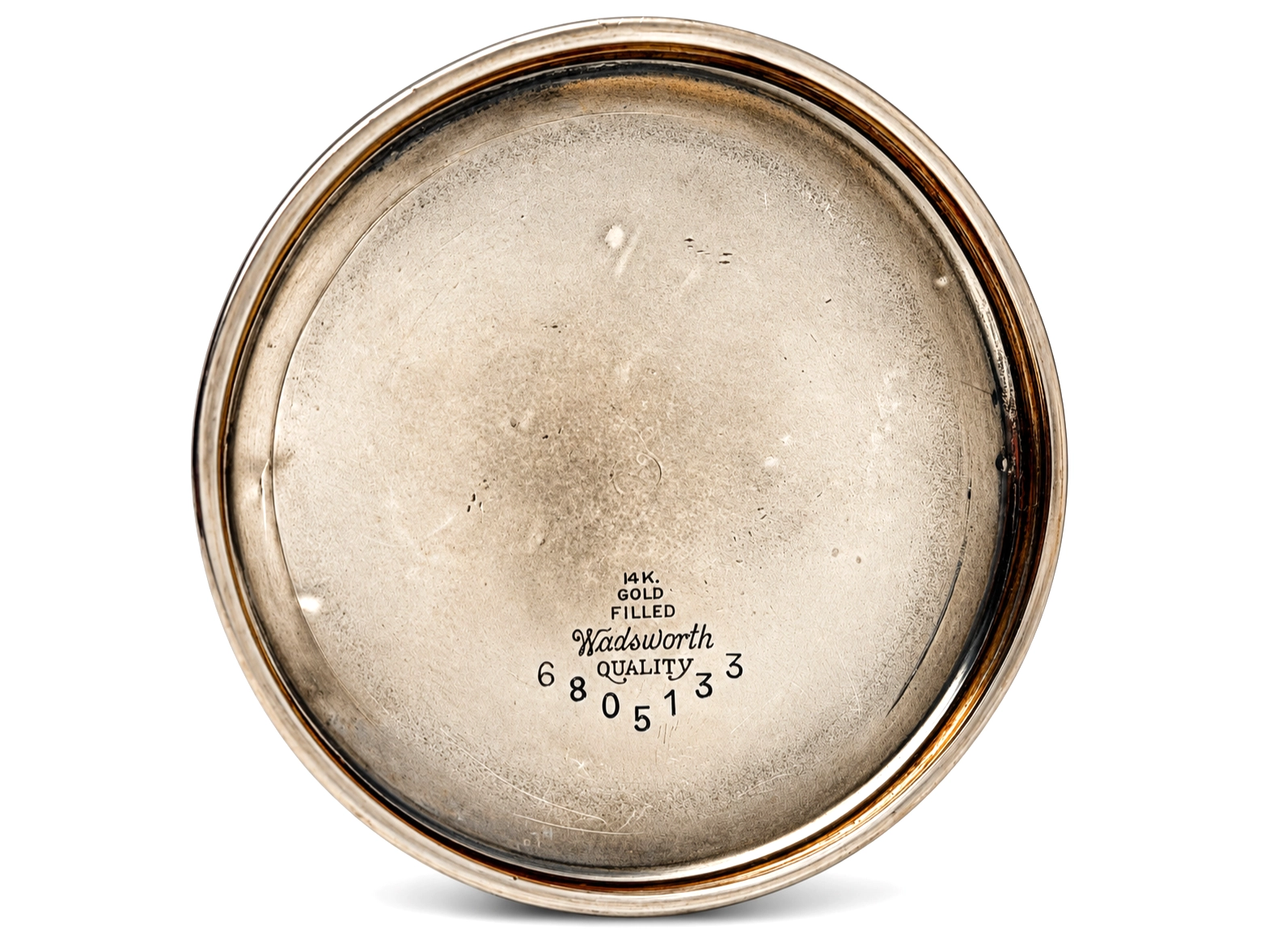 Illinois A. Lincoln White GF Wadsworth Case (1917) — case back stamped "14K GOLD FILLED Wadsworth QUALITY" with serial number arc