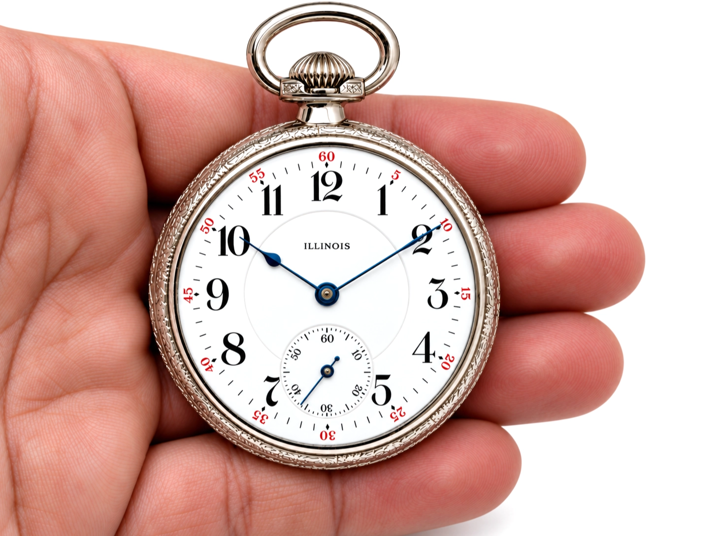 Illinois A. Lincoln White GF Wadsworth Case (1917) — front dial with Arabic numerals, subsidiary seconds at 6 o'clock, blue steel hands