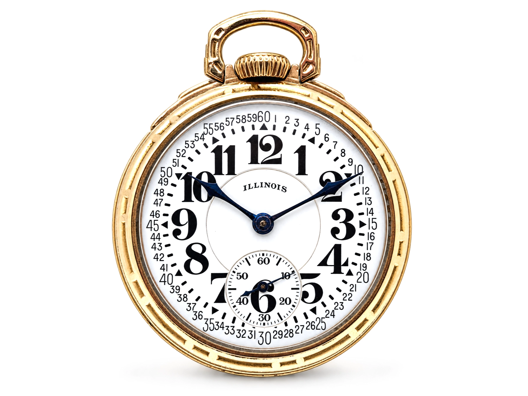 Illinois Bunn Special Type III with Montgomery Dial (1929) — gold-filled case with white dial, large Arabic numerals 1–12, subsidiary…