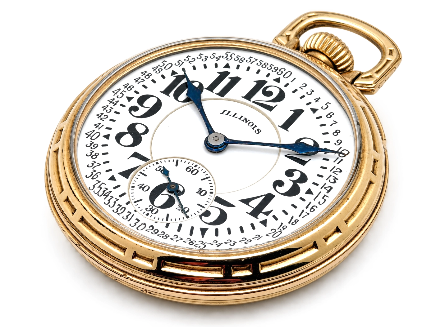 Illinois Bunn Special Type III with Montgomery Dial (1929) — closed face with Arabic numerals, blue hands, minute track with railroad…