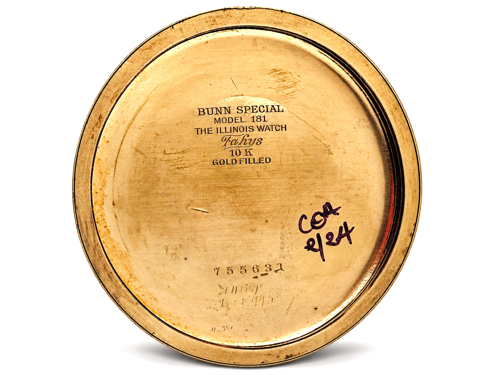 Illinois Bunn Special Type III with Montgomery Dial (1929) — case back engraved with model designation, 10k gold filled marking, and…