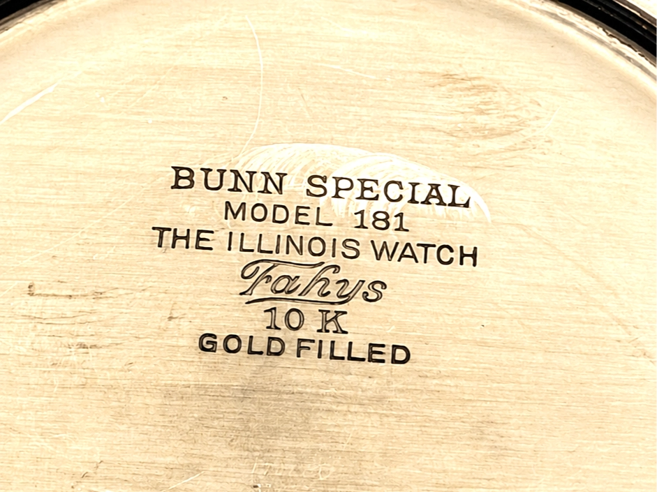 Illinois Bunn Special Type III with Montgomery Dial (1929) — case back engraved with model, manufacturer, and case metal markings on…