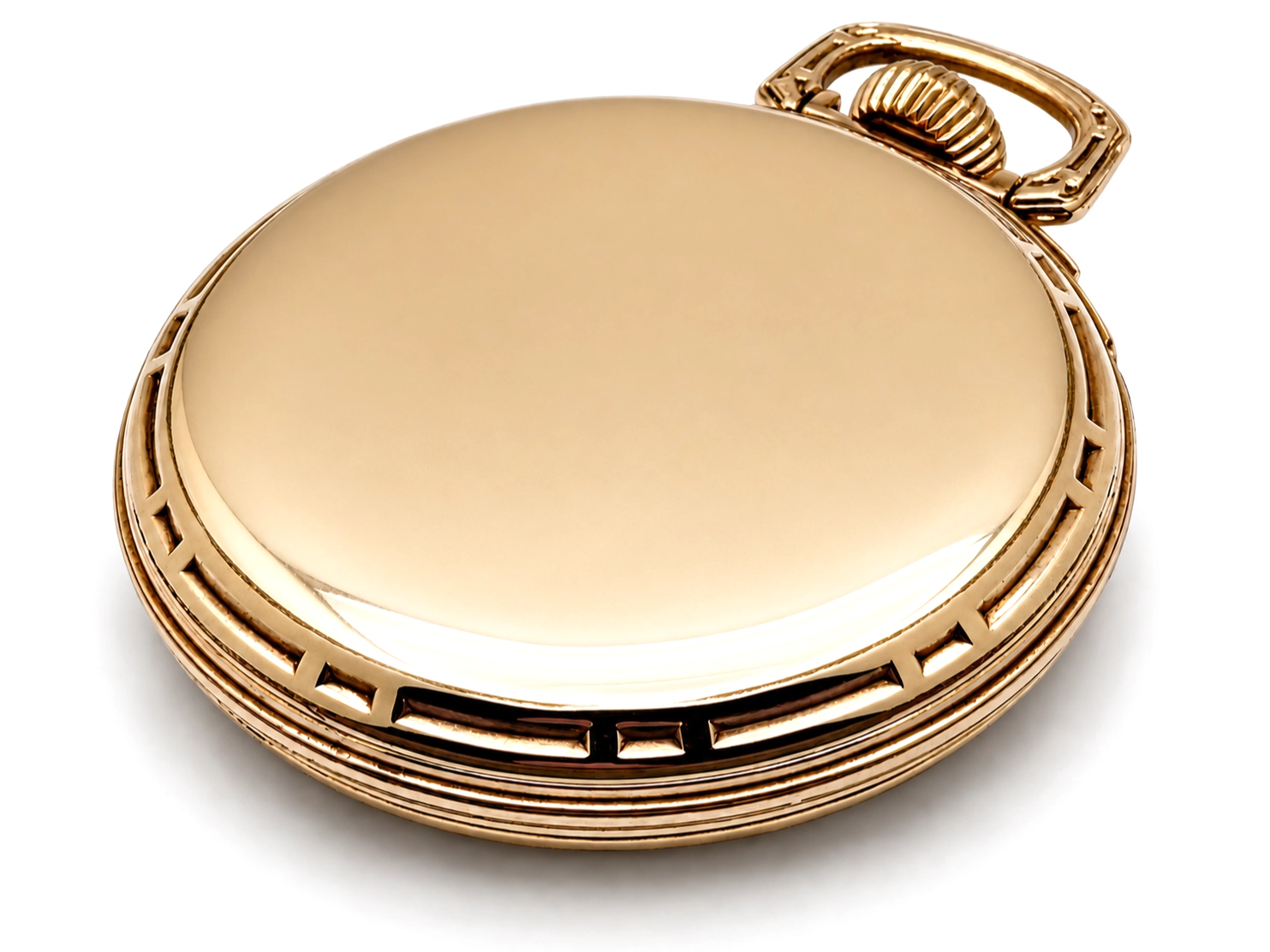 Illinois Bunn Special Type III with Montgomery Dial (1929) — closed gold case with ribbed bezel and polished lug, viewed at angle