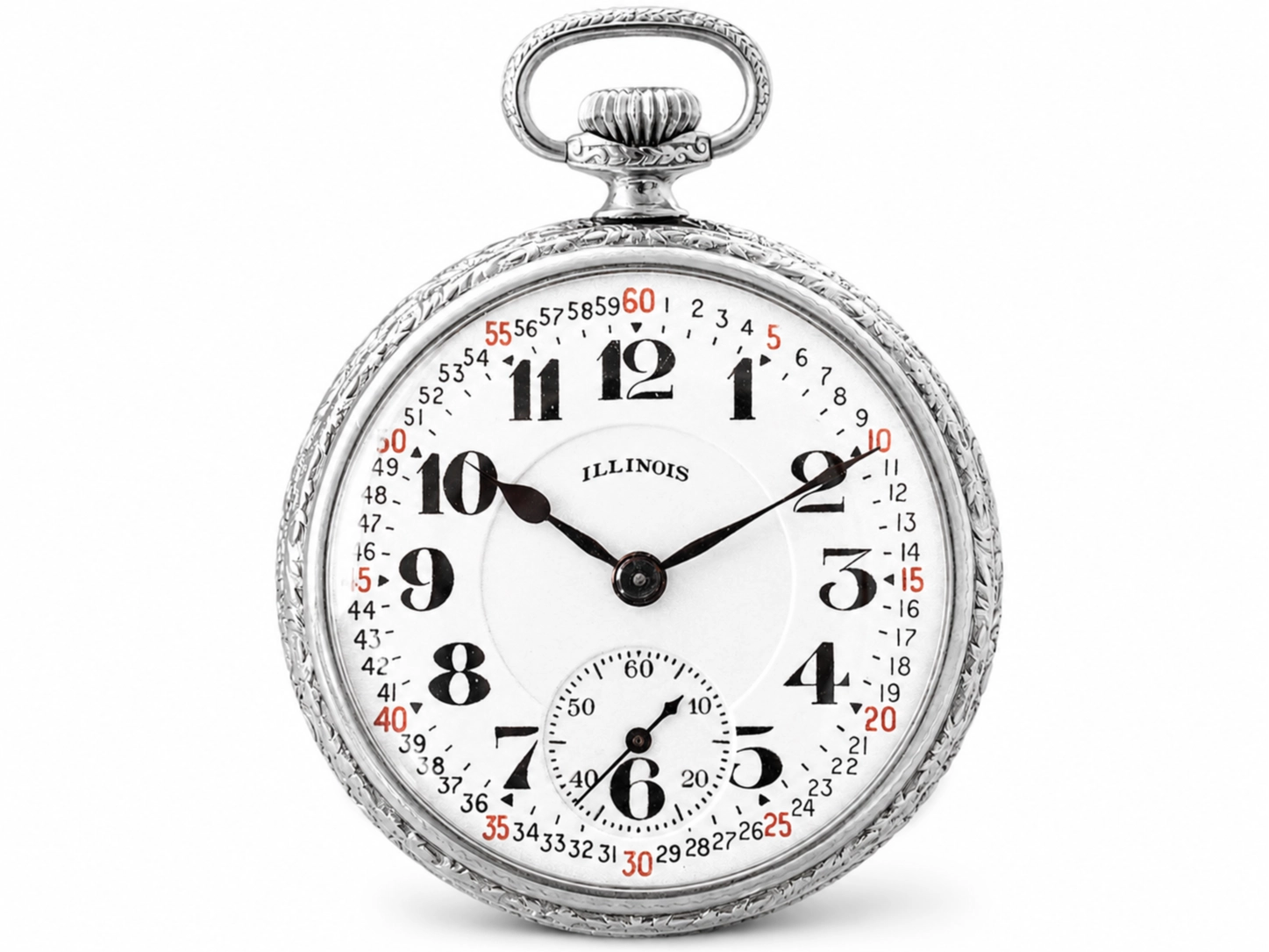 Silver open face pocket watch with white dial, black Arabic numerals, subsidiary seconds dial, and ornate case.