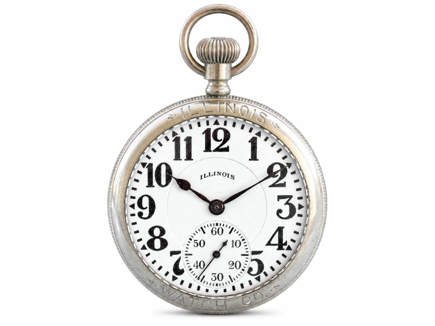 Silver-tone pocket watch with white dial, Arabic numerals, subsidiary seconds dial, and ornate loop crown.