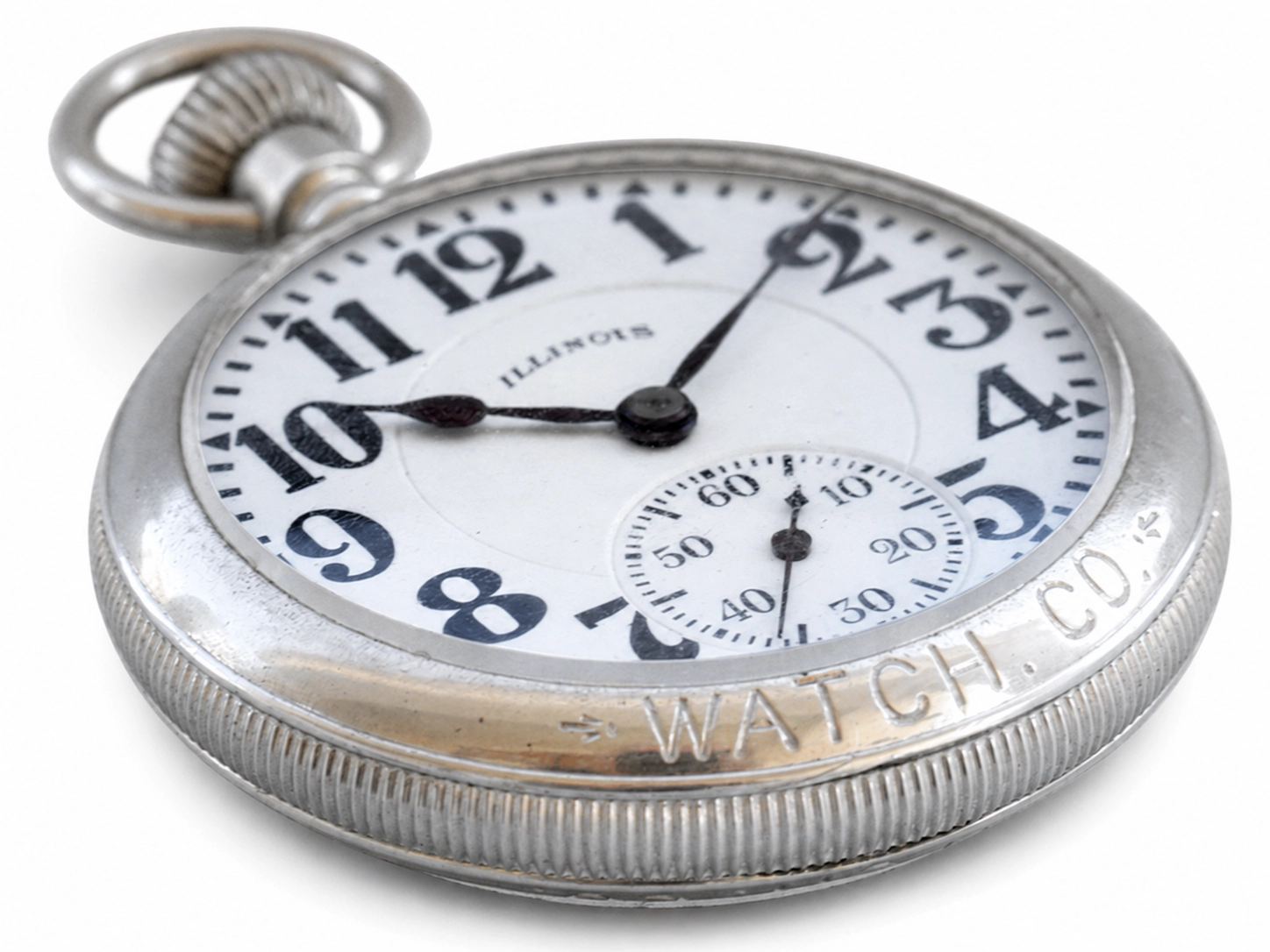 Pocket watch with white dial, Arabic numerals, black hands, and subsidiary seconds subdial at 6 o'clock.