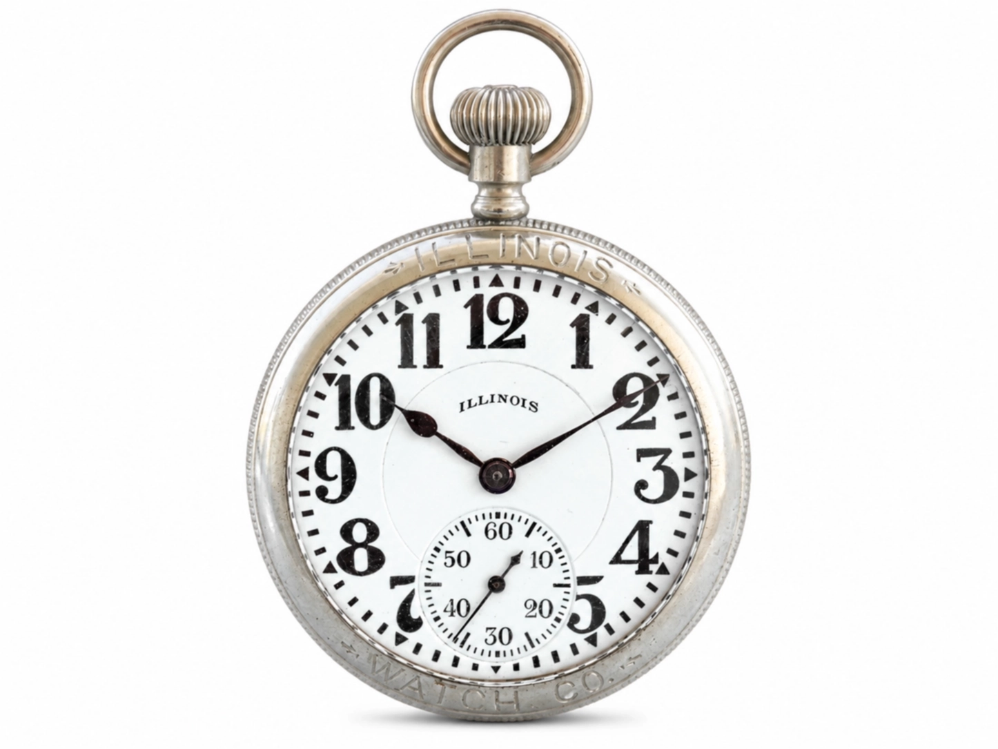 Antique pocket watch with silver case, white enamel dial, bold Arabic numerals, and subsidiary seconds dial.